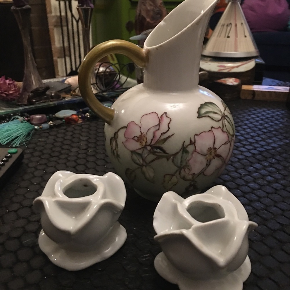 SALE! A Limoges Pitcher & French Rose Candle Stick holders- small imperfection.